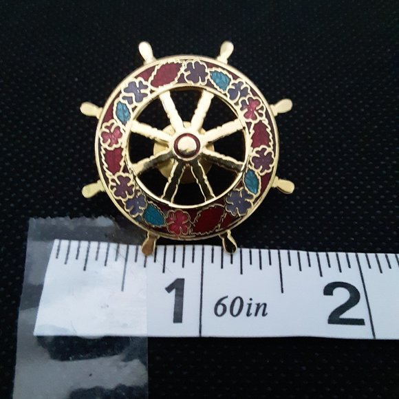 Cloisonne Floral Nautical Ships Wheel Pin Brooch - Picture 6 of 7